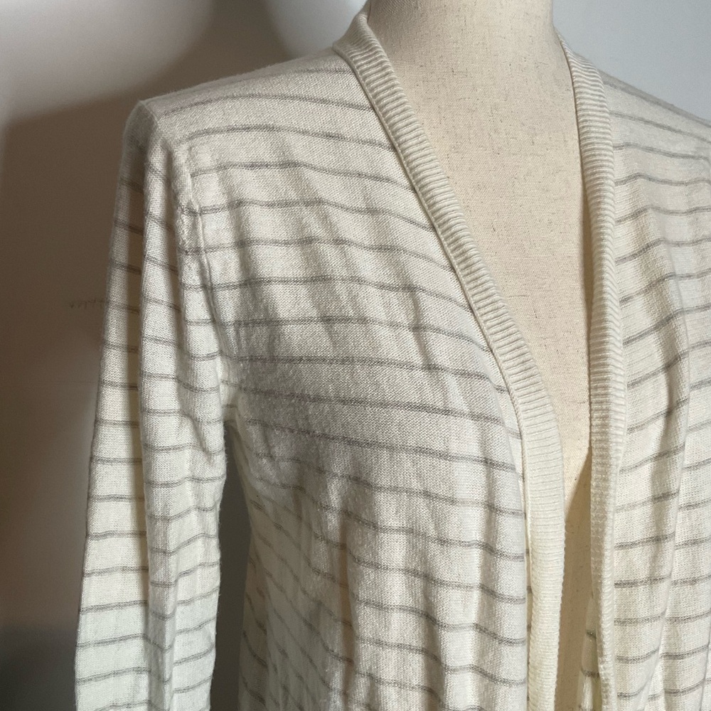 Eddie Bauer Cream Stripe Open Front Long Cardigan Sweater Size Small